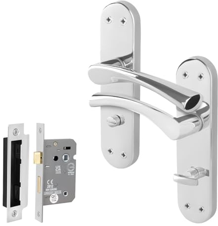 EAI Polished Chrome Door Handles with Bathroom Lock 64mm - Novoli | Complete Bathroom Kit with 1 Pair of T-Bar Lever on Backplate Door Handles, 64mm Bathroom Lock, Fixings Included