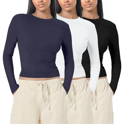 Lot de 3 Hauts Décontractés pour Femmes Y2k Top T-Shirts Moulants à Manches Longues Tops Col Rond Chemisier Chic Élégant Casual Tshirts Basiques Couleur Unie Dupe T Shirt Blouse Tops