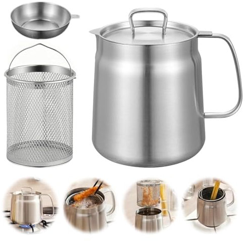 2L Frittiertopf, Stainless Steel Oil Filter Pot, Ölfiltertopf aus 304 Edelstahl,Fettbehälter mit Feinmaschfilter für Küche/Camping