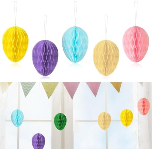 XURJUMI 10 Pezzi Decorazione per uova di Pasqua, palline di carta a nido d'ape, decorazioni pasquali colorate, decorazione pasquale pieghevole, 3D Favo Ornamenti per Alberi