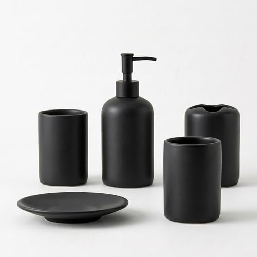 Badezimmer Set Schwarz - Hochwertiges Keramik Set 5-teilig - Modernes Badzubehör mit Seifenspender, Seifenschale, Zahnbürstenhalter & 2X Zahnputzbecher - Bad Dekoration