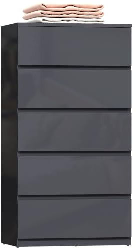 HOMCOM Commode 5 tiroirs Haute Brillance 53 x 34 x 100 cm Gris | Meuble de Rangement, Fermeture Douce et Silencieuse, Style Moderne, Commode pour Chambre à Coucher, Salon, Couloir