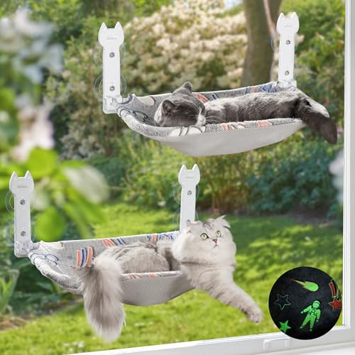 HiPetpy Cat Window Hammock, Glow in The Dark & Reversible Mat, Window Cats Bed with Upgrade Suction Cups Holds Up to 20kg, Foldable & Cordless Cat Window Perch with Sunken Design (Grey, 2 Packs-L)