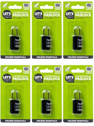 6-Pack Let's Travel 3-Digit Combination Padlock Set, Black, Holiday Essentials for Luggage, Suitcases, Rucksacks