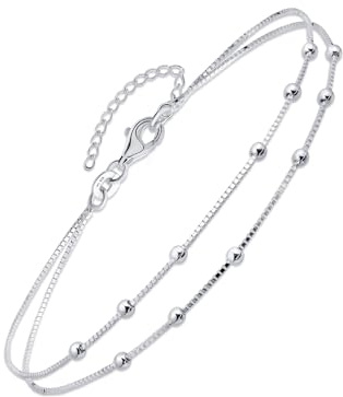 Amberta Italienisches Fußkettchen aus Sterlingsilber 925 für Damen | Verstellbares Fußband mit Perlen und Herz – Sommer-Schmuck