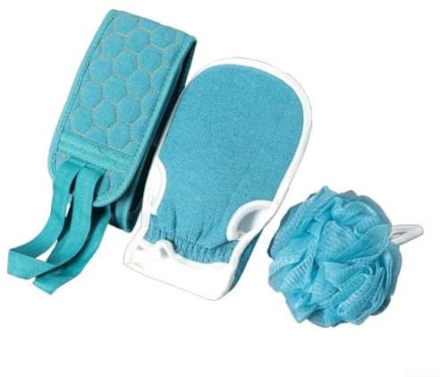 Lot de 3 éponges exfoliantes, brosse de douche, gant de bain pour soins de la peau et relaxation (bleu)
