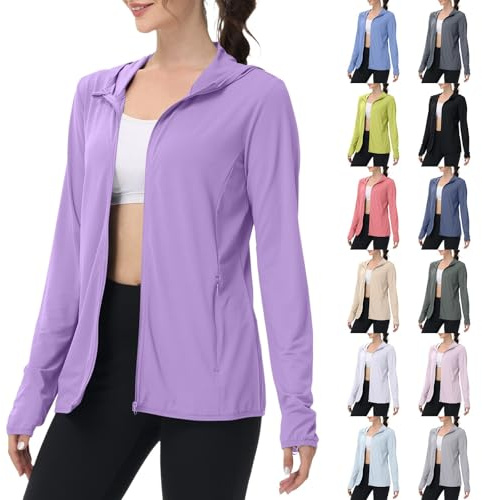 Sun Hoodie Mujer Protección Solar Chaqueta Deportiva Cremallera Completa Chaqueta con Capucha Fina Chaqueta de Running con Capuze Ligera Aireada Chaqueta Sudadera Transpirable Chaqueta de Entretiempo