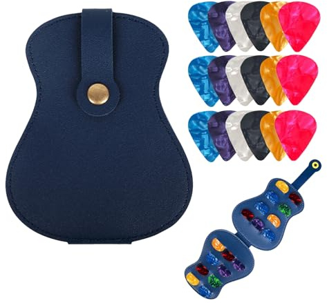18 Stück Plektren für Gitarre mit Blau PU-Leder Plektren-Organizer – Universelles Gitarrenplektrum, perfekt für E-Gitarre, Akustikgitarre und Bass (4 Stärken: 0.50mm, 0.75mm, 1.00mm, 1.20mm)