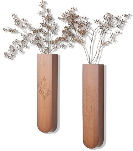 Juego de 2 jarrones de pared de madera, 29,5 cm x 6,5 cm, con grabado de flores, para flores secas