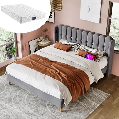 Polsterbett Doppelbett mit USB-C Ladefunktion, gepolstertem Kopfteil und Lattenrost, modernes Komfortbettgestell für Schlafzimmer, Gästezimmer und Jugendzimmer
