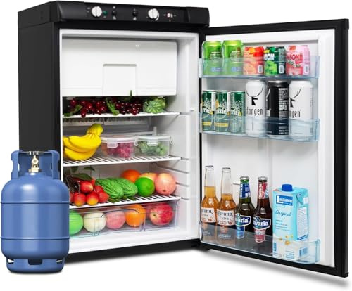Smad Gas Kühlschrank mit Gefrierfach, 100L Kühlschrank 12V 230V Gas, für Wohnmobil, Wohnwagen, Haus, Ferienwohnung, Mobilheim, Schwarz