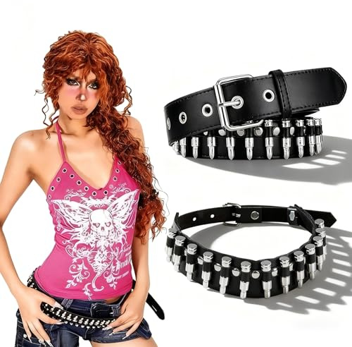 MHYMX Emo Accessoires Gürtel Y2K mit Choker Kette Schwarz Bullet Nietengürtel Leder Gothic Halskette Schmuck Y2K Accessoires für Damen Herren