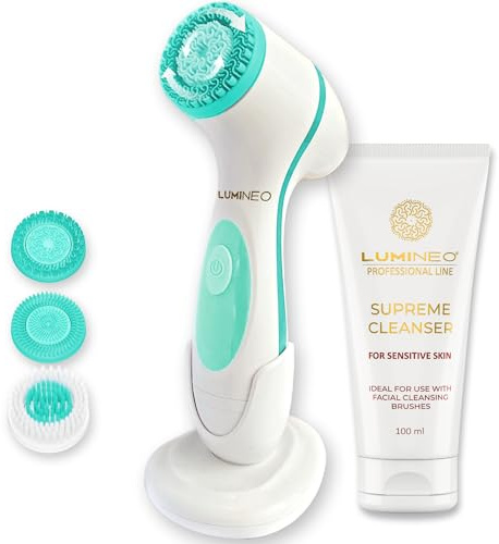 Lumineo Cepillo de limpieza facial con gel limpiador para la limpieza de poros y puntos negros, cepillo facial eléctrico – 3 cabezales de cepillo para todo tipo de piel (turquesa (piel sensible))