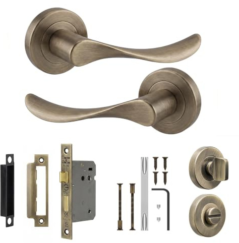 Decoranddecor Antique Brass Door Handles Internal Bathroom Lock Set | CE marked, thumb turn, no keys, solid aluminium, Bathroom Door Handles with Lock, fits 35-42 mm doors, Nimbus Range