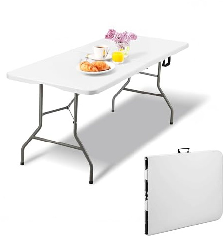IlGruppone Tavolo Pieghevole Rettangolare Valigetta In HDPE Pieghevole Cucina Giardino Fiera Mercato Pic Nic Campeggio In Dura Resina 180X74X74 Richiudibile Salvaspazio (Bianco, 180X74X74 cm)