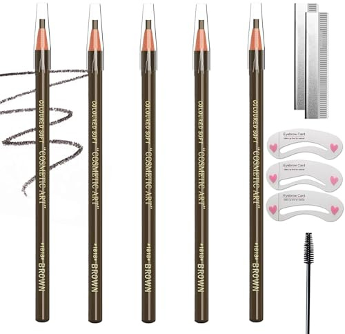 5PCS Waterproof Light Brown Eyebrow Pencil Set – Sweat-Resistant Peel-Off Brow Pencils with Blades, Brow Stencil & Brush for Easy Shaping, Filling & Long-Lasting Defined Natural