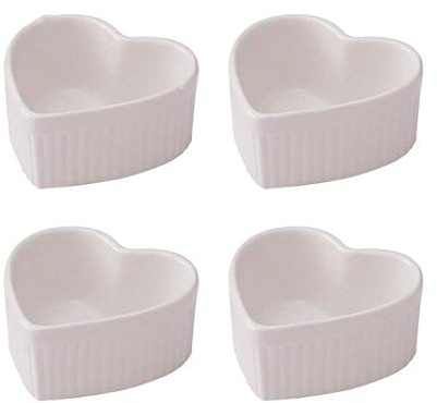 UAUWBRZ Dessert Bowl 4 oz Ramekins Set of 4 Ceramic Heart Shaped Molds for Baking Cakes Jams Souffle Creme Brulee-Blue(White)