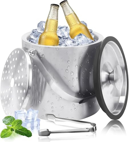 4L Ice Bucket with Lid and Tongs, Double Walled Insulated ice Bucket with lid, Stainless Steel ice Buckets for parties, Cocktail Bar, Chilling Beer Win (Silver)