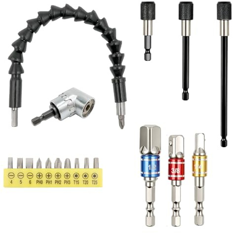 9Pcs Flexible Drill Bit Extension Set | with 105° Right Angle Drill Adapter, 11.8 Flexible Shaft, Screwdriver Bits, Universal Socket Adapters & Drill Bit Holders
