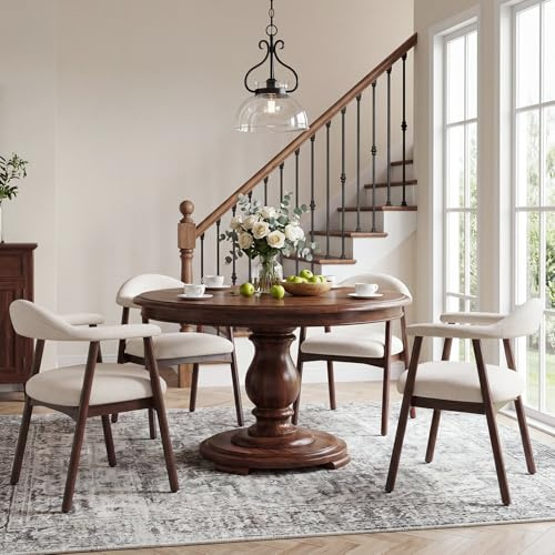 MALOL 4er Set Stoffsessel Esszimmerstühle, gepolsterte Esszimmerstühle mit gebogener Rückenlehne und Holzbeinen, Mid-Century-Modern Küchenstühle für Küche und Esszimmer, Beige