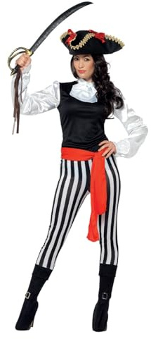 SMIFFYS Costume Pirata donna, nero, con top, pantaloni, copristivali attaccati, volant per collo e cintura Halloween