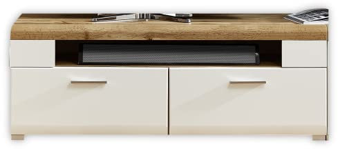 Stella Trading Fun Plus TV-Board mit schönem Eiche-Dekor Oberboden - 140 x 51 x 47 cm (B/H/T) ,Weiss Matt , Absetzungen Hirnholz