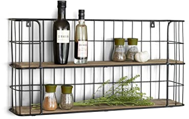 LIFA LIVING Schweberegal aus Holz & schwarzem Metall, Modernes Wandregal mit 2 Etagen Boden, Wanddeko Hängeregal im Industrie Design, 66,5 x 14,3 x 33,6 cm