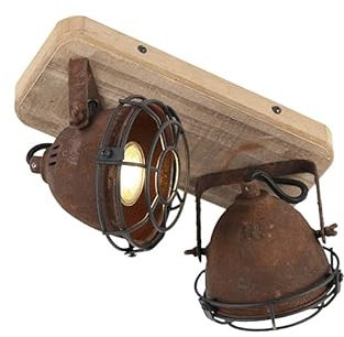 QAZQA - Industrie I Vintage I IndustrieSpot I Spotlight I Deckenspot I Deckenstrahler I Strahler I Lampe I Leuchte rostbraun mit Holz kippbar 2-flammig-Licht - Gina I Wohnzimmer I Schlafzimmer - Stahl