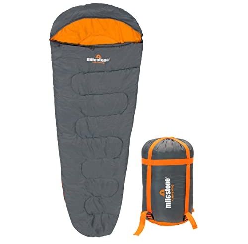 Milestone Camping Mummy Single Sleeping Bags / 2 & 3 Season Insulation/Light & Portable with Carry Sack/Extra Thick Double Layer Interior/Water Resistant (Grey & Orange, 2 Season)
