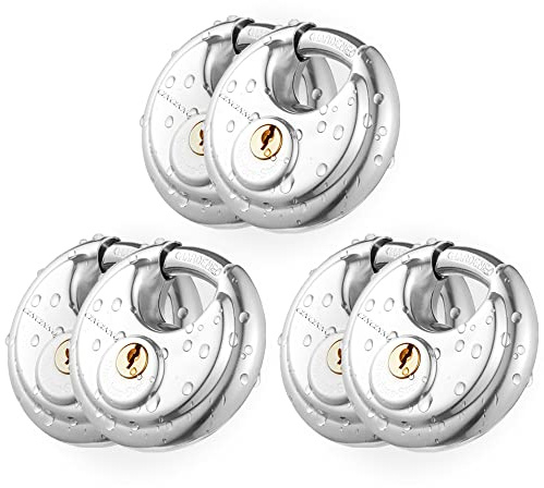 CINCINNO Lot de 6 cadenas Discus avec clé, en acier inoxydable avec 6,5 cm de large, 0,9 cm de diamètre, cadenas à disque robuste pour unité de rangement, abris de jardin, garages et clôtures
