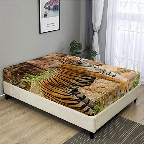 Oduo Spannbetttücher für Boxspringbetten, Tier Drucken Spannbettlaken aus Mikrofaser - Spannbetttuch für Einzelbett Doppelbett - Spannbetttuch Steghöhe bis 27cm (Brauner Tiger,180x200cm)