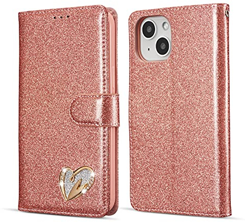 QLTYPRI Case for iPhone 13, Glitter PU Leather TPU Bumper Card Holder Wrist Strap Wallet Case with Inlaid Heart Diamond Flip Cover for iPhone 13 - Rose Gold
