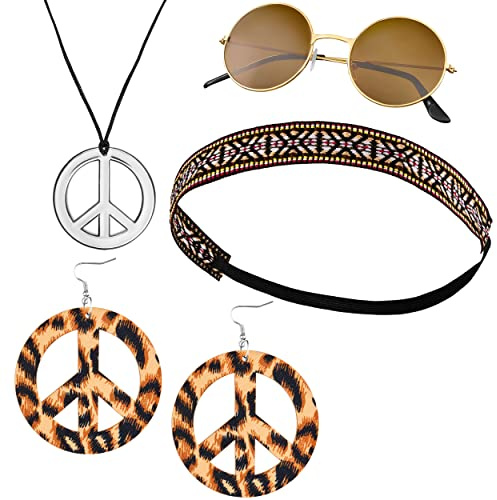 Balinco 4-teilliges Hippie Set mit Indianer Stirnband | runde Nickel Sonnenbrille mit braunen Gläsern | Peace Kette Silber | Peace Ohrringe