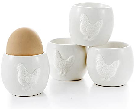 Eierbecher im 4er-Set, Hochwertige Keramik, weiß, 3D Design süße Henne/Huhn, Porzellan, Eierhalter Geschirr Küchenbesteck Dekoration Geschenk Geburtstag Ostern Weihnachten Familie Freunde Kinder
