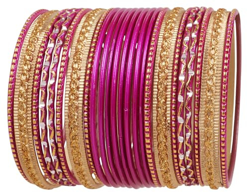 NEU! Touchstone „Bunte 2 Dutzend Armreif Kollektion“ Indische Bollywood Legierung Metall Texturierte Fuchsia Farbe Designer Schmuck Armreif Armbänder Set von 24 in antikem Goldton für Frauen.