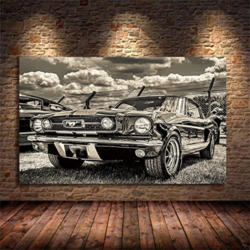 DIY 5D Diamond Painting Vollbohrer Kit, Schwarz weißes Retro Mustang Auto 40x50cm Malen nach Zahlen Diamant,Diamant Painting Bilder,Geschenk für Erwachsene Kinder,Stickerei Crafts für Wand Decor