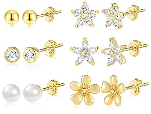 Guld örhängen set för kvinnor och flickor, 6 par guld 925 örhängen, små 14k guld pläterade zirkon örhängen med fjärilsblomma diamant boll hjärta pärl örhängen
