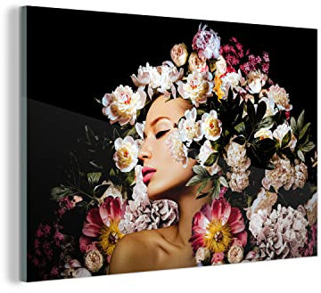 MuchoWow Glasbild Glasfoto Wandbild Bilder Deko 60x40 cm Frauen - Blumen - Rosen - Porträt