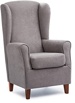Sillonea- Sillón Torre Eiffel, Ideal para Personas Altas, con Respaldo Alto DE 70 cm. Butaca orejera para salón. Sillón orejero Individual 75x85x115 cm. Tela Antimanchas. (Gris, Cerezo)
