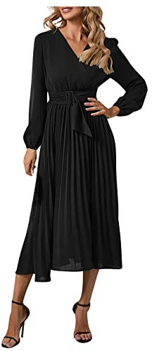 Damen Kleider Blumen Pulloverkleid Winter One Shoulder Kleid Elegant Einfarbig Langarm mit Gürtel V-Ausschnitt Swing A-Linie Hohe Taille Lang Ballkleid Volant Partykleid