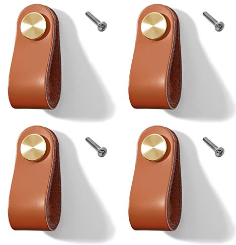 Lawen Creative 4 Stück Leder Möbelgriffe Echtes Leder und Kupfer Knopf Schrankgriff Knöpfe Ledergriff für Küchenschränke Schränke (Hellbraun, Einzelnes Loch)