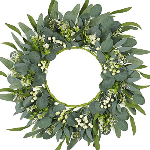 LOMOHOO Türkranz Eukalyptus Kranz Große Künstlicher Türkranz 55cm Dekorativer Sommer Deko Türkranz Grüner Kranz mit Beeren für Veranda Bauernhof Dekor Wand Garten Dekoration