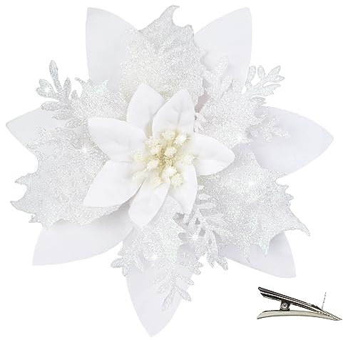 MIKAILE 20 Pièces Fleur de Noël pour Sapin avec Clip, Fleurs de Noel Artificielles Glitter, Fleur Poinsettia Noel de Scintillantes pour Guirlande, Couronne, Sapin Noël Décoration (Blanc)