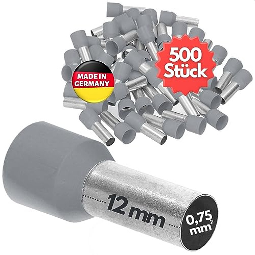 500 stycken Kalitec AE07512GR trådhylsor isolerade 0,75 mm² 12 mm lång grå I Made in Germany I Industrikvalitet