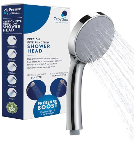 Croydex Presion Pressure Boost Chrome Shower Head - Power Shower Head for Low Pressure Systems with Five Spray Settings