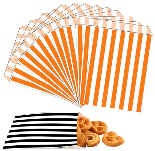 100 st 12 x 18 cm orange randiga söta påsar godispåsar, randig papperspåse för söt presentväska festväskor för barn flickor pojkar jul halloween bröllop födelsedagsfest buffé konfektyr bås
