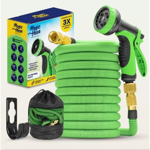 Magic Hose Expandable Garden Hose, 10 Pattern Nozzles, 50 FT / 15 Meters | Hozelock Spray Gun Jet Wash Hosepipe Pressure Washer Gun Retractable Expanding Flexi Hose Pipe Tap Connector Size 3/4 1/2
