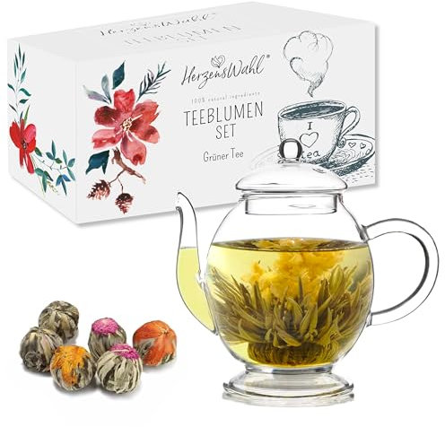 HerzensWahl Coffret cadeau de fleurs de thé avec théière | 6 fleurs de thé, 1 théière et boîte cadeau | Thé fleuri | Kit de dégustation de roses de thé | Thé vert – Fleurs de thé & (ensemble de