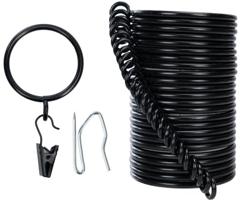 Vorhangringe und Hakenclip, 32 mm Innendurchmesser, komplettes Set mit Gardinenstangenringen, Haken und Clips, Packung mit 24 Vorhangringen für zwei Standard-Vorhänge, Schwarz TXZWJZ