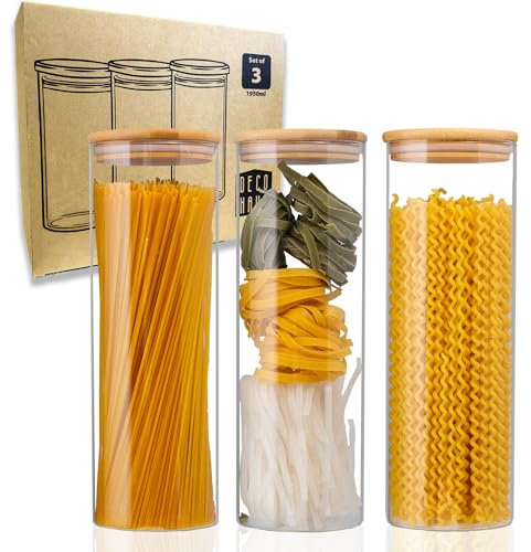 Deco haus® Bocaux de Conservation pour Spaghetti 3 pcs avec Couvercles + Étiquettes [HERMÉTIQUES] - Pour Céréales, Cornflakes, Farine - Boîtes en Verre avec Couvercles - 3x1950ml